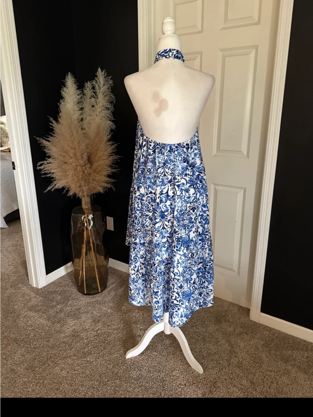 Olivaceous Blue White Toile High Neck High-Low Dress Size Small - Picture 7 of 12